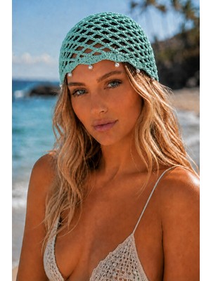 Tom Company-Turkuaz-Inci Işlemeli Örgü Bohem Saç Aksesuarı File Yazlık Bere Şapka & Bandana