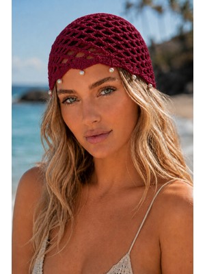 Tom Company-Bordo-Inci Işlemeli Örgü Bohem Saç Aksesuarı File Yazlık Bere Şapka & Bandana