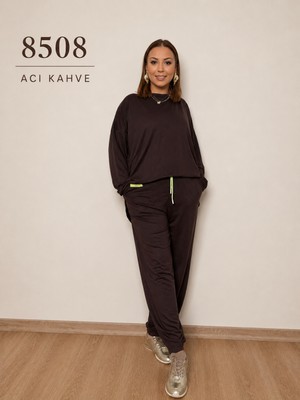 8508 Nurnova Kadın Kahverengi Retro Dökümlü Ikili Takım Salaş Sweat ve Beli Bağcıklı Pantolon Set