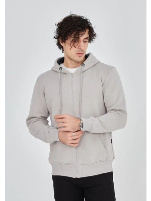 Velmora Fashion Erkek 3 İplik Pamuklu Kapüşonlu Tam Fermuarlı Cepli Hoodie Sweatshirt - Boyalı Gri