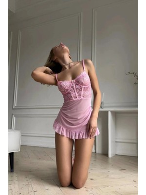 General Pembe Balenli Tül Dantelli Gecelik TM1406