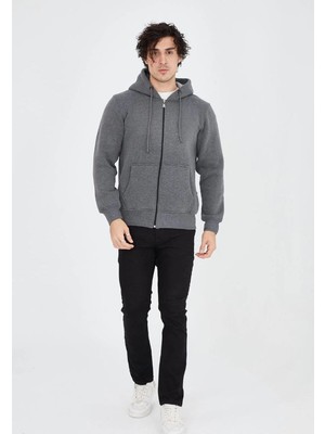 Velmora Fashion Erkek 3 İplik Pamuklu Kapüşonlu Tam Fermuarlı Cepli Hoodie Sweatshirt - Füme
