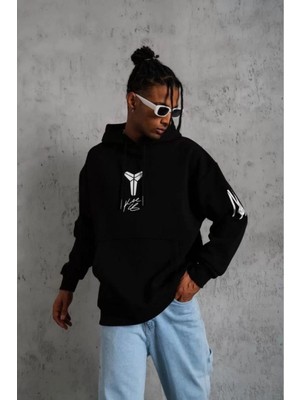 Velmora Fashion Erkek 3 İplik Pamuklu Kapüşonlu Kanguru Cepli Baskılı Oversize Hoodie Sweatshirt - Siyah