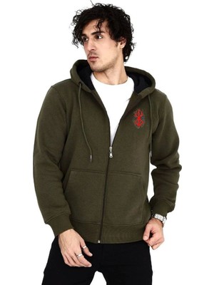 Velmora Fashion Erkek 3 Iplik Pamuklu Kapüşonlu Tam Fermuarlı Cepli Hoodie Sweatshirt - Haki