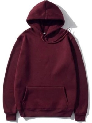 Range Store Kadın 3 İplik Pamuklu Kapüşonlu Kanguru Cepli Düz Hoodie Sweatshirt - Bordo