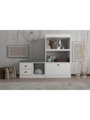 Vivense Luna Puflu Raflı Askılıklı Çekmeceli Beyaz Vestiyer Çıtasız 130 cm Vst 1103 Ç