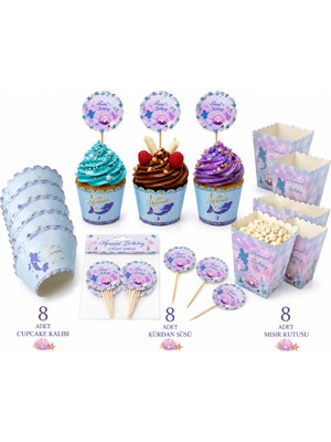 Bkmc Deniz Kızı Doğum Günü Cupcake Seti – 8 Cupcake Kalıbı + 8 Kürdan Süsü + 8 Mısır Kutusu | Mermaid Parti Ikram Seti