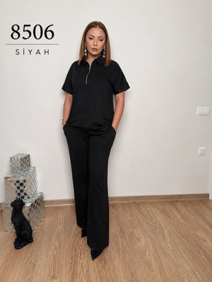 8506-2 -Nurnova Kadın Siyah Polo Yaka Büyük Beden Modal Kumaş Çıma Detaylı Eşofman Takımı