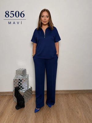8506-NURNOVA Kadın Lacivert Polo Yaka Büyük Beden Modal Kumaş Çıma Detaylı Eşofman Takımı