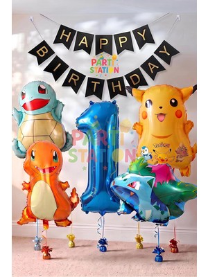 Parti Station Pokemon Konsept 1 Yaş Doğum Günü Balon Set Pokemon Pikachu Bulbasaur Charmander Squirtle Balon