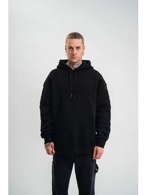 Velmora Fashion Erkek 3 İplik Pamuklu Oversize Kapüşonlu Nakışlı Hoodie SweatShirt - Siyah