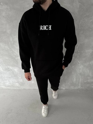 Velmora Fashion Erkek Kapüşonlu Kanguru Cepli Sweatshirt 3 Iplik Pamuklu Baskılı Hoodie -  Siyah