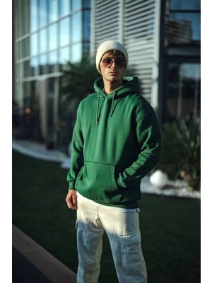 Velmora Fashion Erkek 3 Iplik Pamuklu Kapüşonlu Basic Sweatshirt Hoodie - Haki