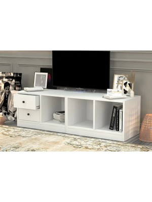 Vivense Leron Kitaplikli Çekmeceli Tv Ünitesi Beyaz 130 cm Tvt 1001 Ç