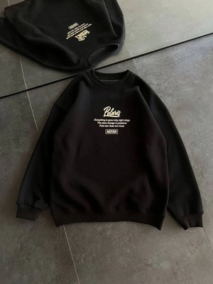 Velmora Fashion Kadın 3 Iplik Pamuklu Bisiklet Yaka Baskılı Sweatshirt - Siyah