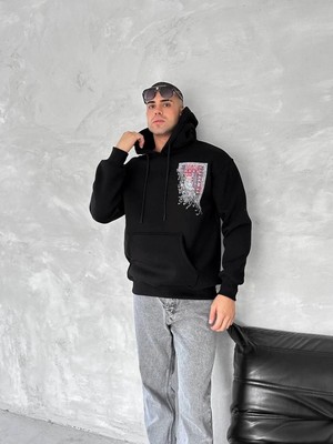 Velmora Fashion Erkek Kapüşonlu Kanguru Cepli Sweatshirt 3 Iplik Pamuklu Baskılı Hoodie - Siyah