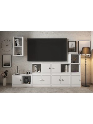 Vivense Leron Duvar Kitaplıklı Sekiz Kapaklı Raflı Tv Ünitesi Beyaz 228 cm Çıtasız Tv 1269 Ç
