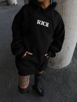 Velmora Fashion Kadın Kapüşonlu Kanguru Cepli Sweatshirt 3 Iplik Pamuklu Baskılı Hoodie - Siyah