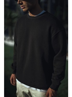 Velmora Fashion Erkek Pamuklu Bisiklet Yaka 3 Iplik Basic Sweatshirt - Siyah