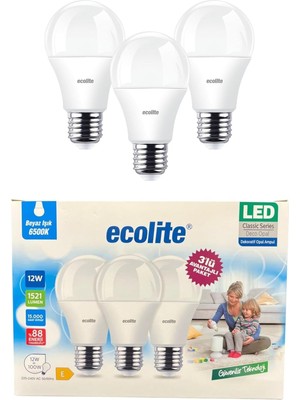 Meks Ecolite 12W LED Ampul 3’lü Paket | 1521 Lümen, 6500K Beyaz Işık, 100W Eşdeğer, E27 Duy, Enerji Tasa