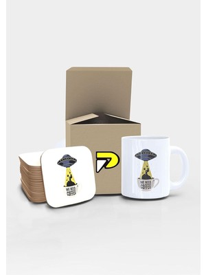 Meks Postermanya Uzay Gemisi We Need Coffee Uzaylı Tasarımlı Baskılı Kupa Bardak Seti, Eğlenceli Özel He