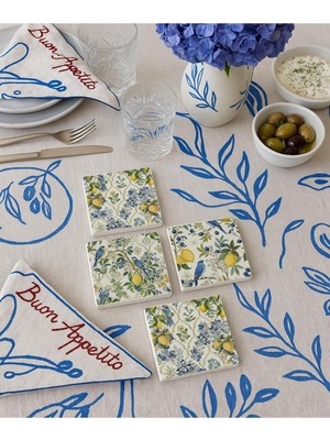 Meks Limon ve Kuş Desenli Doğal Taş Bardak Altlığı 4’lü Set, Yazlık Sunum Ürünü