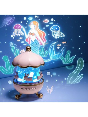 Meks Coverzone Bunny’s Carousel Gece Lambası Projeksiyonlu Müzikli Atlıkarınca Tasarım | Kablolu 5V USB