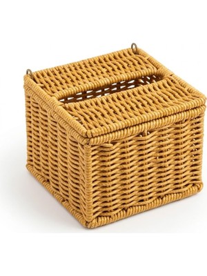 Meks Kapaklı Hasır Peçetelik Kutu 13X13X9 cm Doğal Rattan Peçete Saklama Kutusu