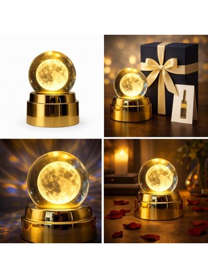 Meks Kristal Küre Ay Lambası, Altın Renkli Taban, LED Işıklı, Masa Lambası, 15 Cm, Sıcak Beyaz Işık