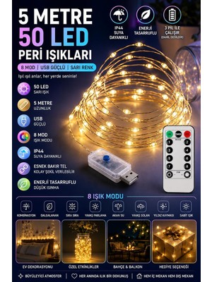 Meks 5 Metre Sari 50 LED Işıklar Peri Işıkları 8 Mod Rgb Işıkları USB Sari Renkli Işık Peri Dize Işıklar