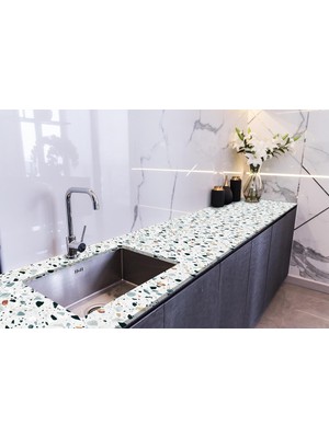 Meks Stickerart Tezgah Üstü Fayans Kaplama Folyosu Mutfak Tezgahı Kaplama Terrazzo Döşeme 70 cm x 3 Metr