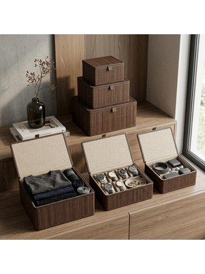 Meks 3’lü Akasya Organizer Kutu Seti, Kapaklı Çok Amaçlı Depolama Kutusu, Dolap Düzenleyici Şık Ev Ofis