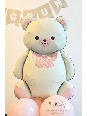 Meks Papyonlu Retro Krem Ayı Balon Pembe Detaylı Retro Ayı Folyo Balon