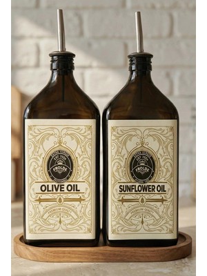 Meks 2'li Ahşap Stantlı Çeliktıpalı 500 ml Cam Ayçiçek Yağı Zeytinyağı Şişesi Yağdanlık Vintage Retro (Y