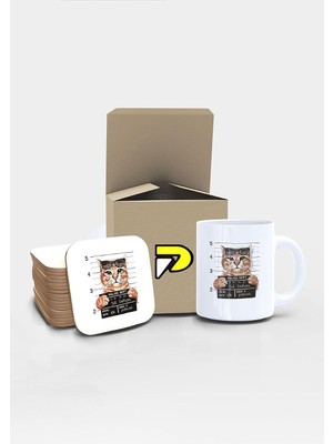 Meks Postermanya Suçlu Kedi Tasarımlı Baskılı Kupa Bardak Seti, Eğlenceli Özel Hediye Mug