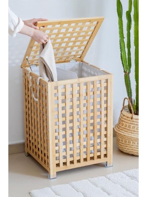 Meks Digithome Bambu Çamaşır Sepeti 62X45 cm Kulplu Taşınabilir Bezli