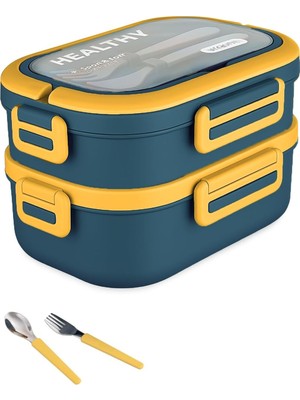 Meks 1650 ml Iki Kat Üç Bölme Paslanmaz Çelik Lunch Box Yeni Nesil Sefer Tası - Kaşık ve Çatallı -6715