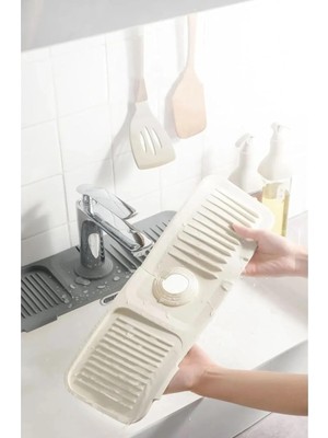 Meks Elastik Musluk Matı Su Tutucu Düzenleyici Kaydırmaz Taban Organizer Mutfak Banyo Lavabo, Krem