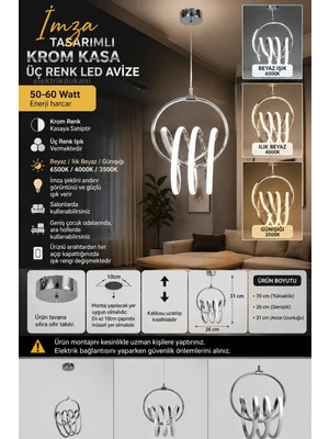 Dmr Sarmal Büyük Imza Sarkıt LED Avize Krom Kasa 50W 220 Volt Üç Renk 6500K/4000K/3000K (Beyaz /ılık Beyaz/sarı (Günışığı)