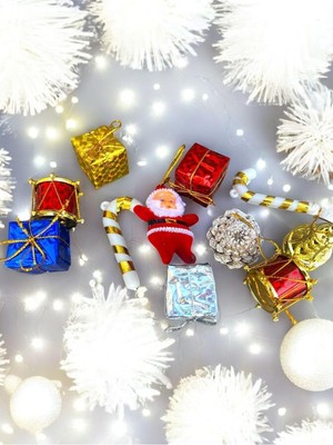 Meks Yılbaşı Ağacı Süsü, 3 cm Süsler, Noel Şekerler, Noel Baba ve Hediye Paketi 10 Adet