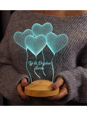 Meks Doğum Günü Hediyesi Kalpli, Iyi Ki Doğdun Yazılı Uçan Kalpler Kişiye Özel 3D LED Lamba