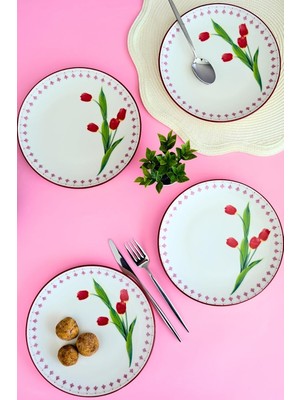 Meks Tabakevi Tabak Evi Porselen Lale Tuval Pasta Takımı Rimli 20 cm 4 Kişilik 4 Parça TVL4PTPRS1160