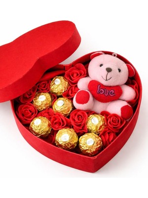 Meks Sevgiliye Hediye, Kırmızı Kalp Kutu Içinde Ferrero Rocher Çikolata, Çiçekler ve Sevimli Ayıcık, Yıl