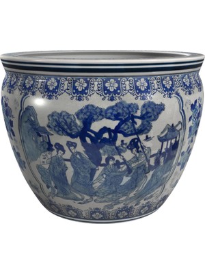 Meks Oriental Furniture 30,48 cm Bayan Mavi ve Beyaz Porselen Balık Kasesi