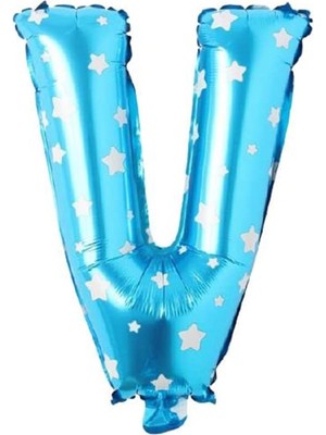 Meks V Harfi 16 Inç Mavi Yıldızlı Renk Folyo Balon 36 cm (Mavi)