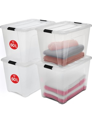 Meks Iris Ohyama Kapaklı Saklama Kutuları, 60L, 4'lü Set, Şeffaf, Güvenli Tokalar, Istiflenebilir, Çekme