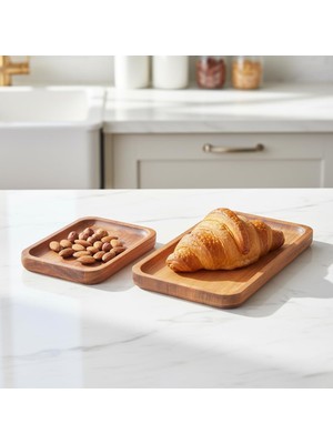 Meks Deconox 2'li Doğal Akasya Ahşap Dikdörtgen Servis Tabağı ve Çerezlik Seti – 12X9 cm ve 20X11 cm Kah