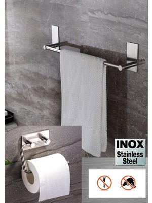 Meks Deltahome Paslanmaz Çelik 40CM Havluluk ve Tuvalet Kağıtlığı Set - Inox Yapışkan Bant Sistem