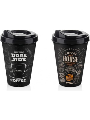 Meks Titiz 2'li Coffee House Desenli Kahve Bardağı Takımı (2 x 400 Ml) - Kahverengi Pipet Girişli Kapakl