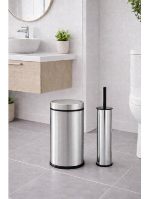 Meks Sas Haus Modern Banyo Seti 8 Lt Döner Kapaklı Çöp Kovası + Tuvalet Fırçası Wc Seti, Krom